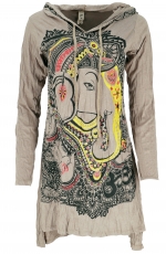 Baba longshirt, long sleeve psytrance mini dress - Ganesh/beige