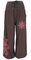Wide waistband harem pants with floral embroidery - dark brown