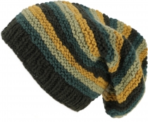 Beanie cap, striped knitted cap, hand knitted Nepalese cap - oliv..