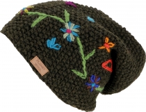 Wool beanie with flower embroidery, Nepal cap - dark olive