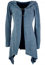 Long cardigan, knitted coat with wide hood - dove blue