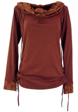 Organic cotton long shirt, boho shirt shawl hood - date brown/rus..