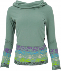 Kapuzenshirt, Boho Patchwork Shirt mit Schalkapuze - ozeangrün