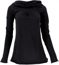 Hoody Boho chic, long sleeve shirt with shawl collar - black