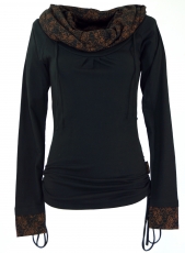 Longshirt organic cotton, boho shirt shawl hood - black/caramel
