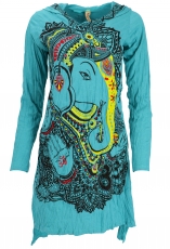 Baba Longshirt, Long Sleeve Psytrance Mini Dress - Ganesh/turquoi..
