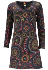 Hippie mini dress boho chic, long sleeve tunic mandala - black/le..