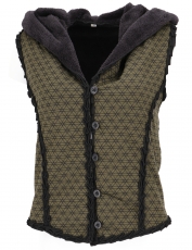 Short Goa vest with wide, fluffy hood `Flower of Life` - olive gr..