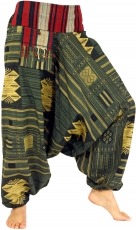 Harem pants with wide woven waistband and fringe pocket, Ikat Tha..