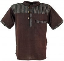 Nepal Fischerhemd, gestreiftes Goa Hippie Kurzarmhemd - coffee