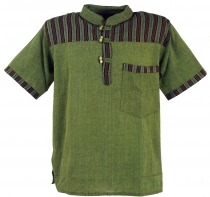 Nepal Fischerhemd, gestreiftes Goa Hippie Kurzarmhemd - olive