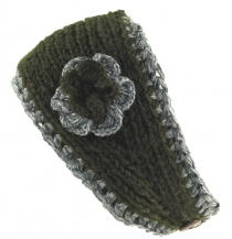 Woollen-knitted browband with flower - olive