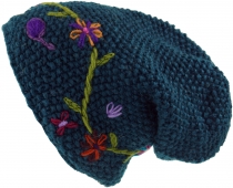 Wool beanie with flower embroidery, Nepal cap - petrol